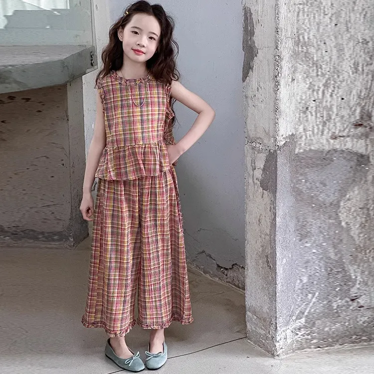 女童夏季韩版休闲格子无袖背心套装中大童女孩洋气森系儿童夏装潮