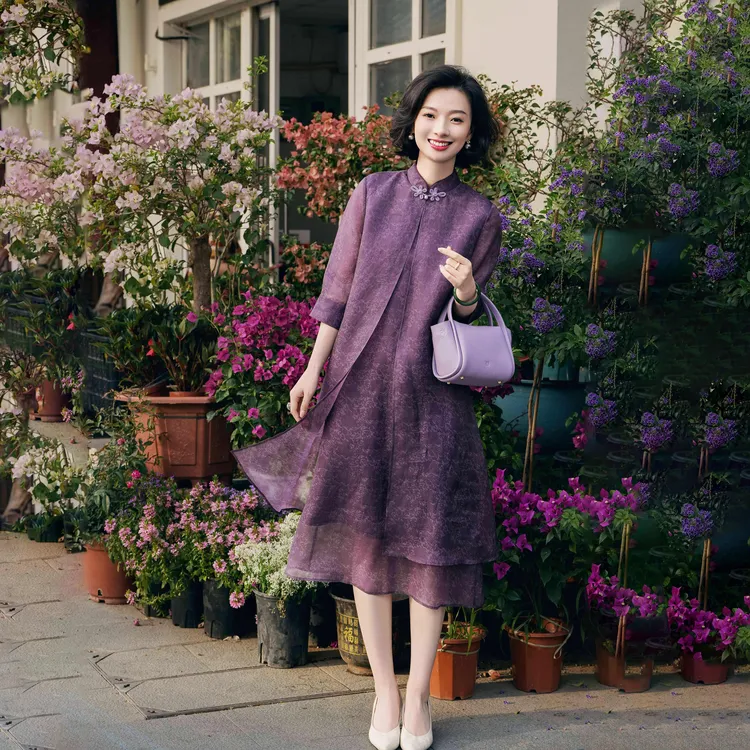 西子/【青莲赋】桑蚕丝改良明制提花盘扣中袖连衣裙/CQBH855