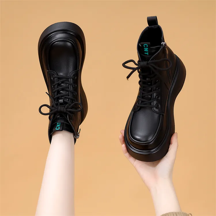 厚底软皮短靴女2025秋冬新款圆头系带休闲轻便防滑舒适加绒马丁靴