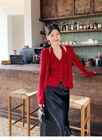 法式气质排扣挂脖V领修身显瘦背心女2025秋款新款针织开衫两件套