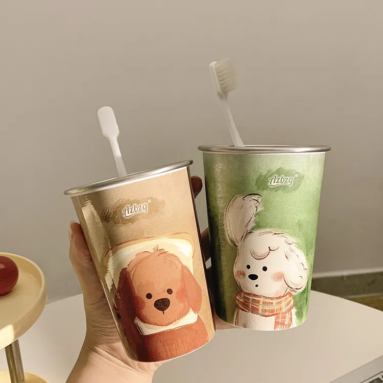 ins可爱小狗漱口杯家用牙刷杯子洗漱情侣学生宿舍不锈钢牙具牙杯