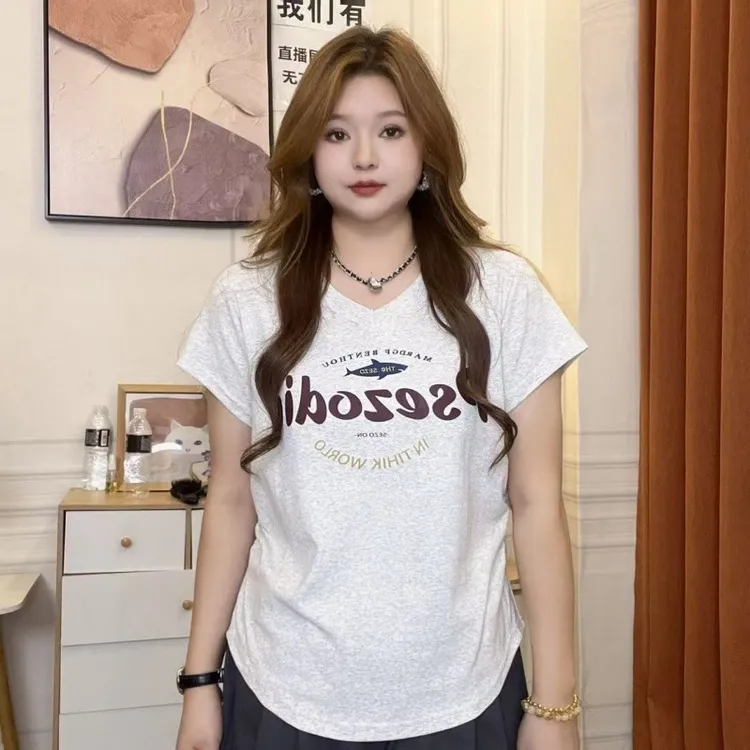93棉大码胖mm2025夏季新款正肩修身上衣印花褶皱收腰显瘦短袖t恤