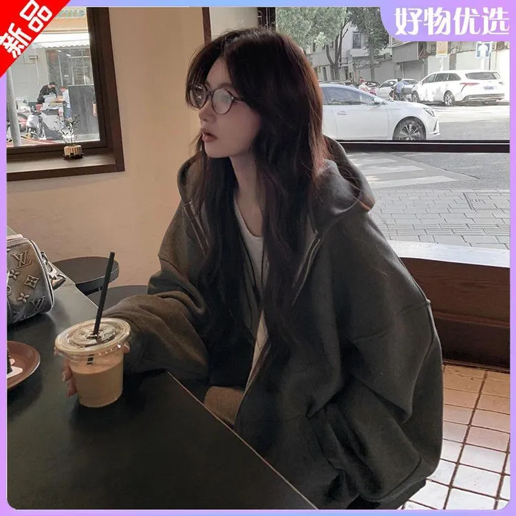 爆款高级感休闲连帽卫衣外套女秋冬加绒加厚百搭chic新款拉链开衫