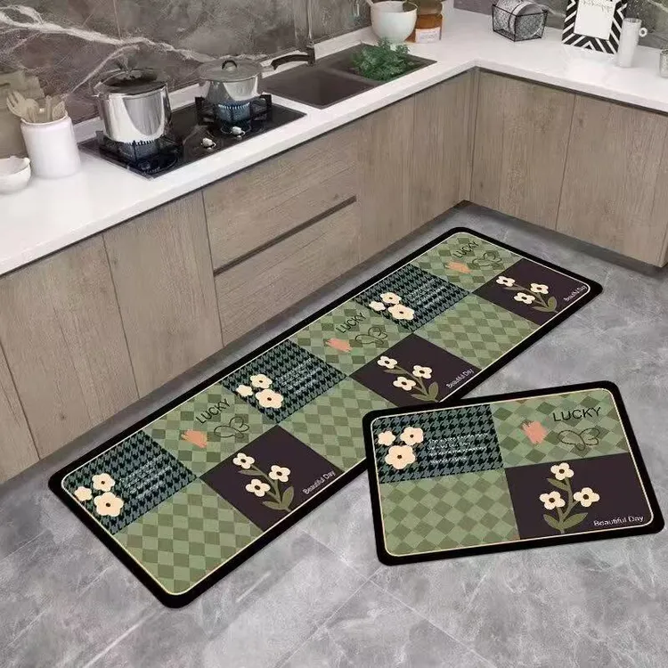 （两块装）格子花硅藻泥厨房吸水专用地垫家用卡通防滑垫耐用地垫