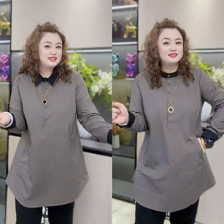 8928（丹姐家）韩版气质休闲洋气中长款宽松遮肉长袖百搭衬衫裙