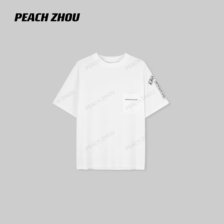 『PEACHZHOU』轻薄精梳棉梵文字母印花口袋宽松圆领短袖休闲内搭T恤