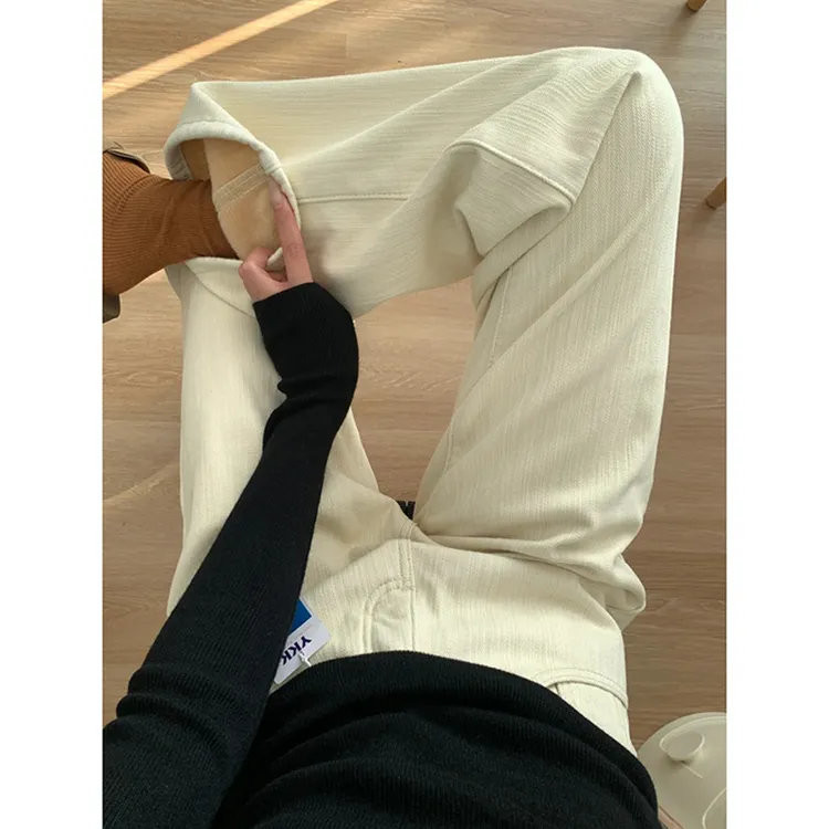流光风浅杏纯棉加绒牛仔裤女2025秋冬新款高腰显瘦休闲百搭阔腿裤