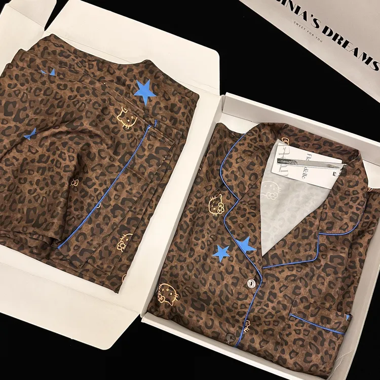 纯欲性感豹纹kitty冰丝睡衣女夏季大码慵懒长袖长裤装家居服套装