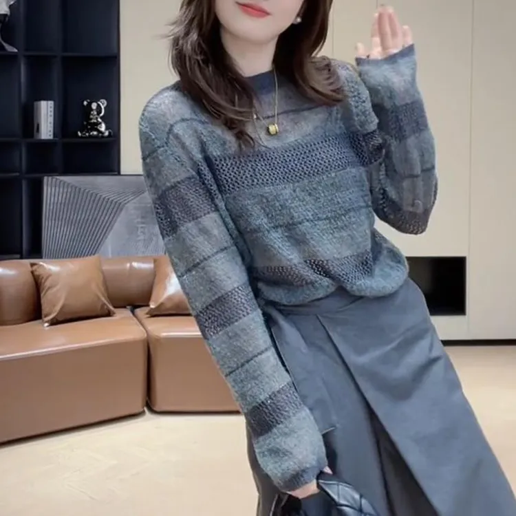 时尚显瘦条纹撞色长袖针织衫女2025秋季新款百搭宽松毛衣减龄女装