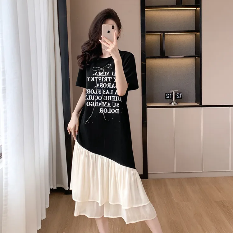 2025春夏新款网红休闲短袖卫衣宽松印花拼接鱼尾连衣裙中长款T恤