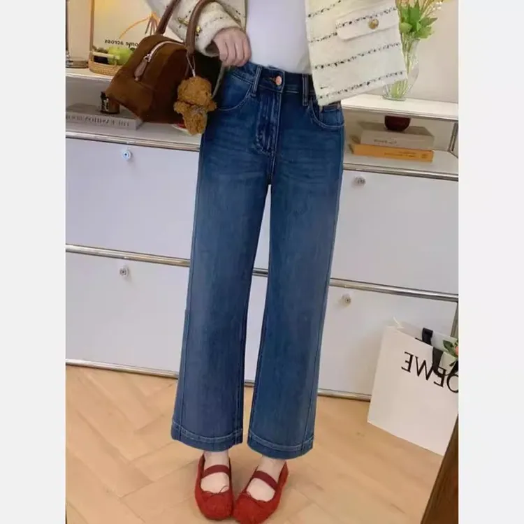 复古直筒牛仔裤女春季新款大码胖mm高腰弹力显瘦小个子九分烟管裤