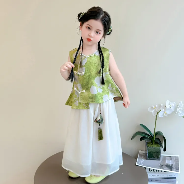 女童新中式国风套装2025新款洋气女童夏季古风阔腿裤汉服两件套潮