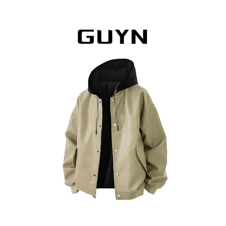 【品牌正品现货】GUYN春秋新款时尚宽松假两件皮夹克外套上衣男士