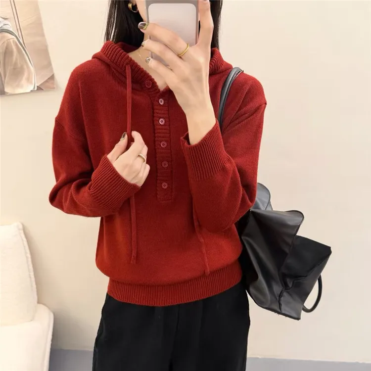 红色连帽针织衫女秋冬今年流行的毛衣宽松慵懒风外穿打底防走光内