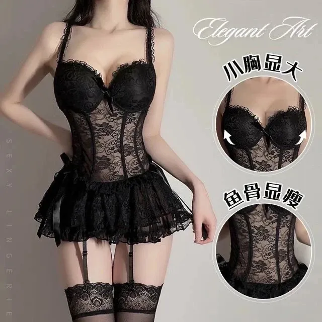 塑身显瘦聚拢性感蕾丝女士睡衣纯欲风镂空吊带睡裙鱼骨塑型睡衣