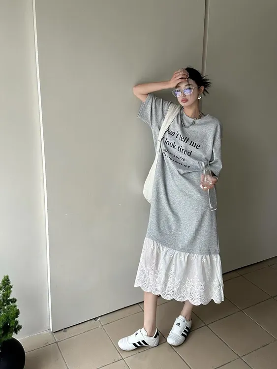 时尚宽松拼接假两件显瘦气质印花连衣裙