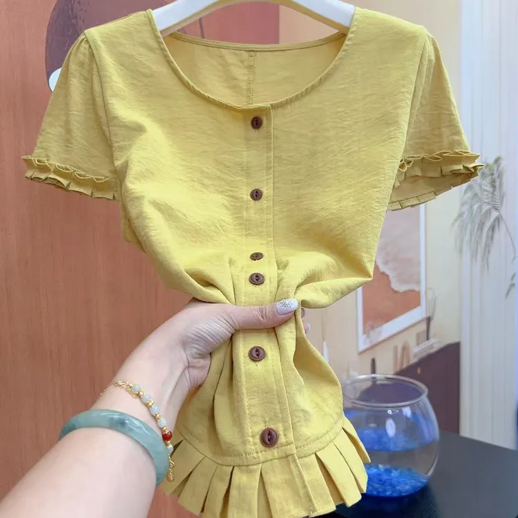 棉麻下摆洋气款清凉立体花边宽松大码2025年夏季新款洋气短袖开衫