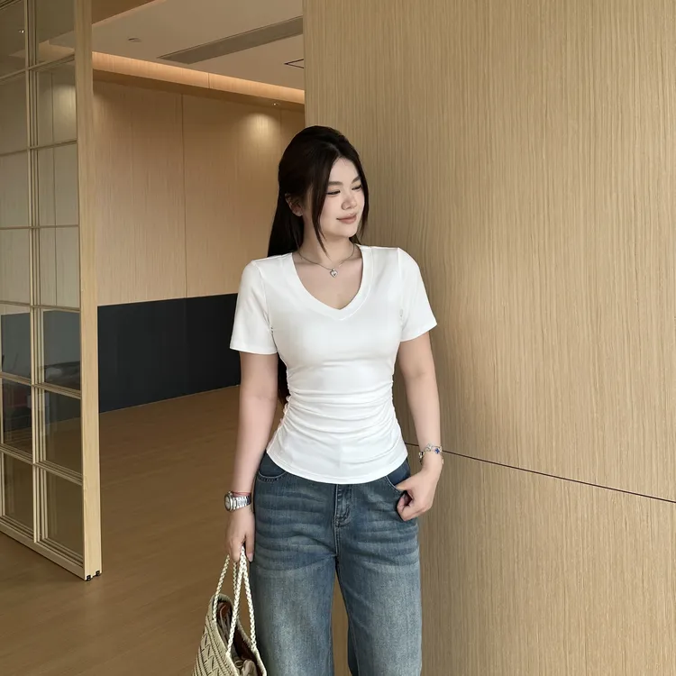 DarlingJust小野墩墩[窄腰T]V领正肩短t恤女夏季遮肚收腰褶皱上衣