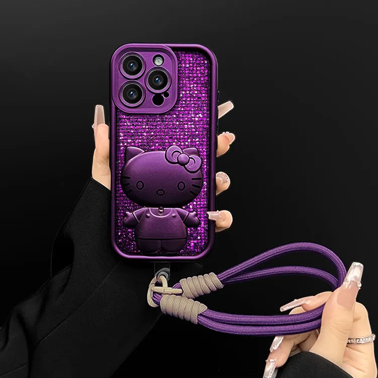 适用【苹果/oppo/华为/vivo/小米】梅子色闪紫kitty支架防摔手机壳