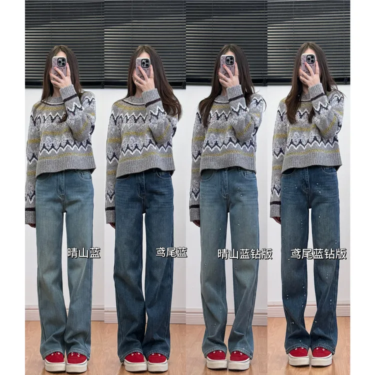 【时间的礼物】重磅高定 烫钻小众时髦宽松直筒牛仔裤加厚加绒保暖