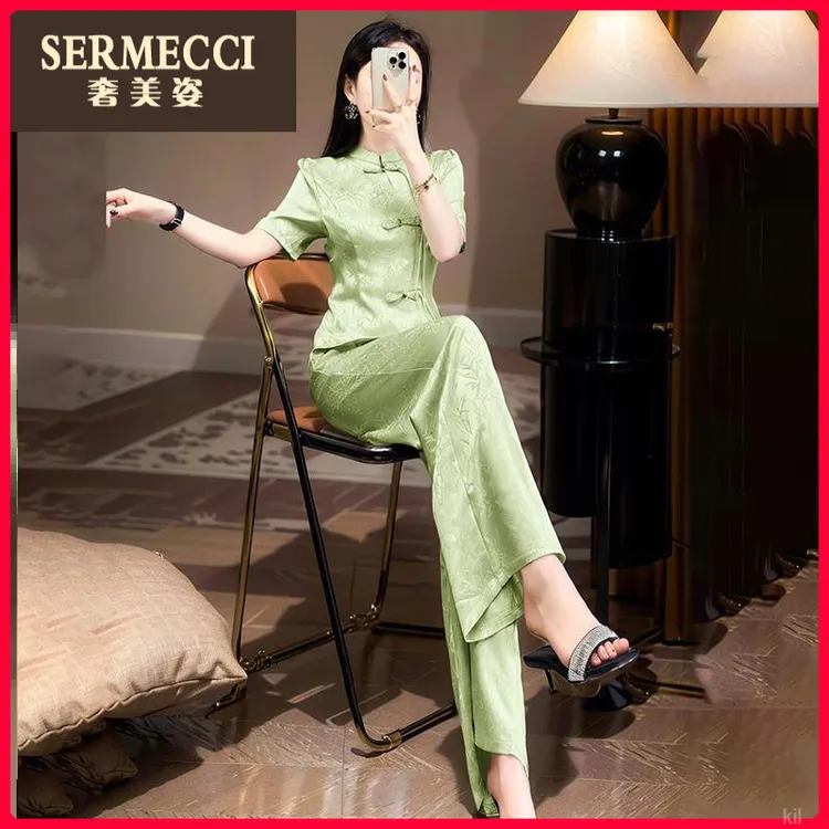 新中式国风上档次奢美姿2025夏季浅绿色盘扣短袖衬衫阔腿长裤两件