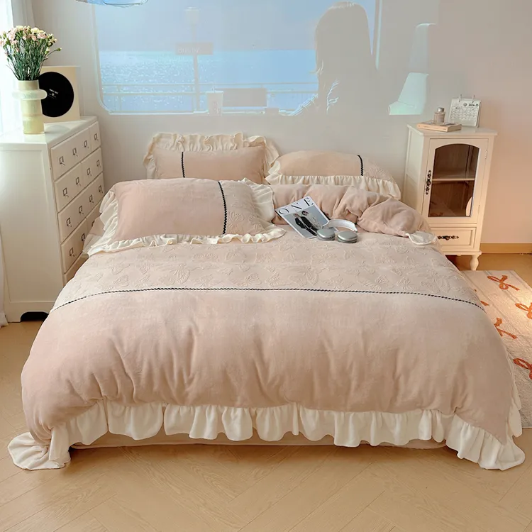 【真珍】西里  复古雕花蝴蝶冬季保暖牛奶绒床单加厚床盖四件套