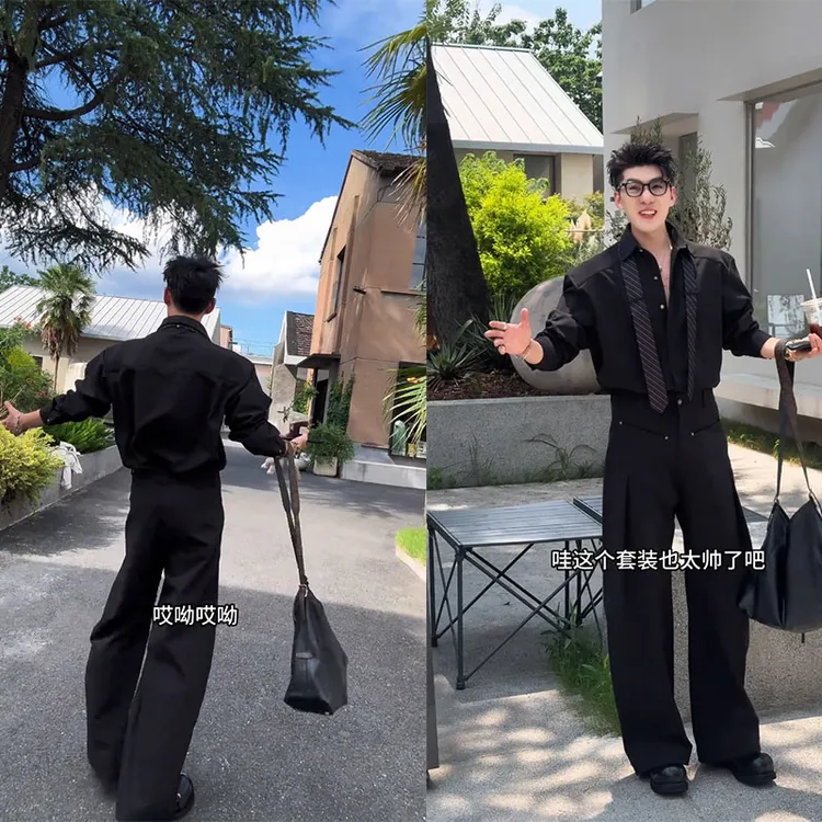 龙刀刀秋季新品原创小众设计款宽松衬衫套装男高级感休闲衬衣长裤