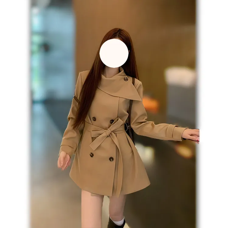 胖mm千金感气质休闲收腰风衣外套秋冬新款百搭双排扣通勤上衣8801