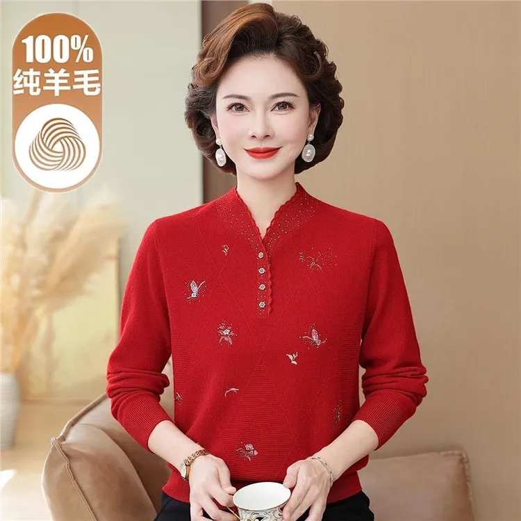 100%纯羊毛衫婚礼妈妈秋冬红色毛衣旗袍领打底衫中老年女针织衫
