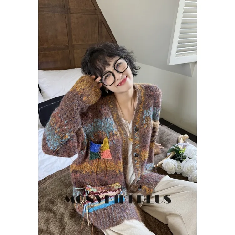 MoNvKiKiPlus2「风絮」大码微胖复杂口袋撞色加厚毛衣开衫#B220