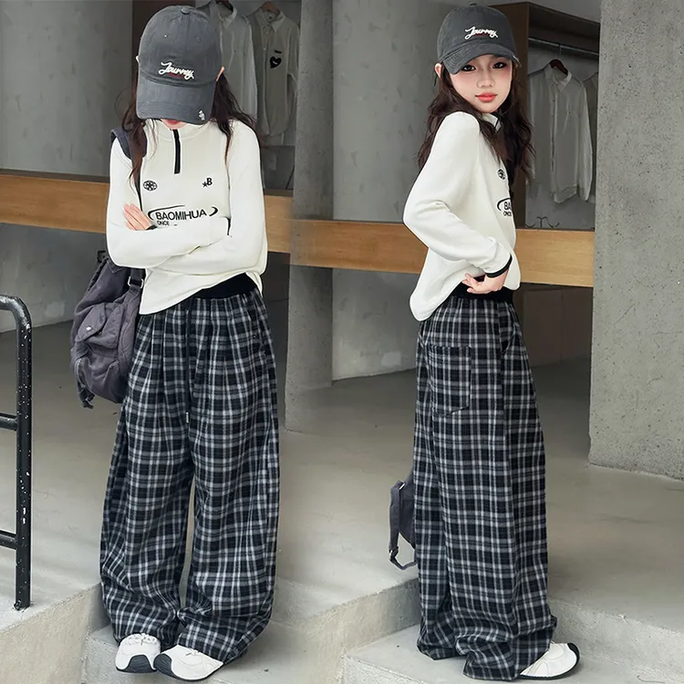 女童立领半拉链卫衣套装春秋新款女孩时髦洋气阔腿格子裤两件套潮