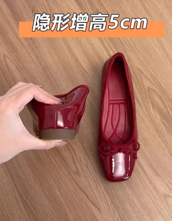 森唔~羊皮版酒红色内增高方头蝴蝶结通勤单鞋女芭蕾舞鞋ol平底鞋