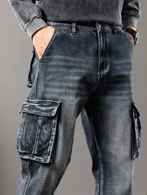 秋冬款男款牛仔裤春秋款美式多口袋工装牛仔裤男阔腿宽松直筒长裤