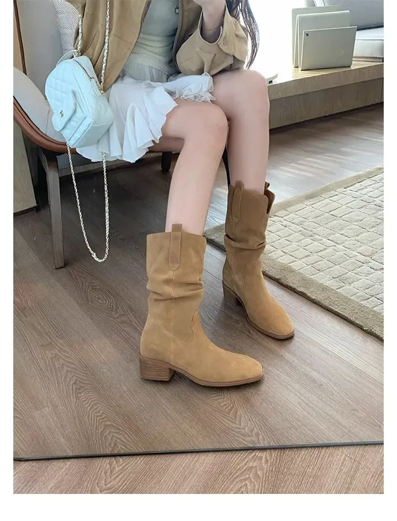 超软小软皮内增高7cm西部牛仔马丁靴小个子堆堆靴短靴女