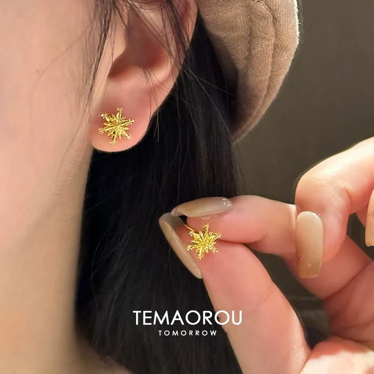 铜合金耳饰 金色雪花耳钉女新款s925银针养耳洞耳饰耳骨钉高级感