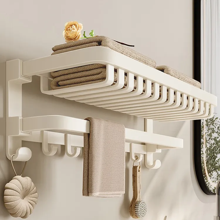 浴巾架卫生间太空铝免打孔双折叠置物架浴室白色毛巾架厕所卫浴