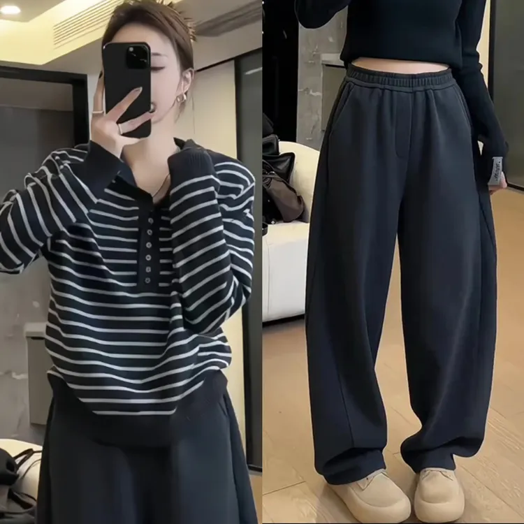 2025新款爆款套装女复古时尚撞色条纹针织衫休闲直筒百搭卫裤女