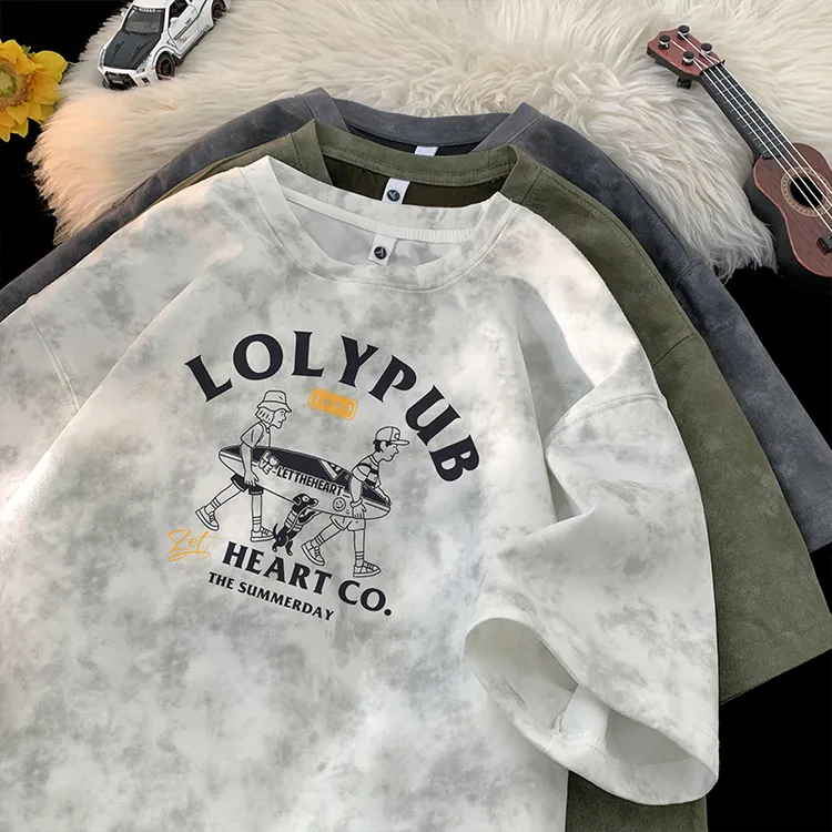 脏脏麂皮绒短袖t恤男生夏季新款重磅半袖宽松青少年帅气体恤上衣