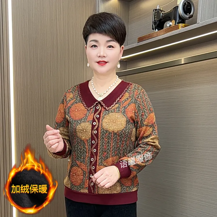 厚款娃娃领宽松加绒中老年女装时尚印花长袖打底衫上衣F9878