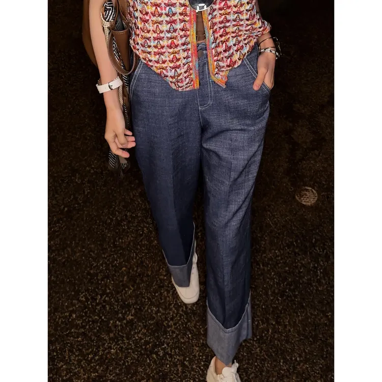 利达NEWDADAD法式棉麻直筒仿牛仔裤女2025夏遮胯显瘦九分裤烟管裤