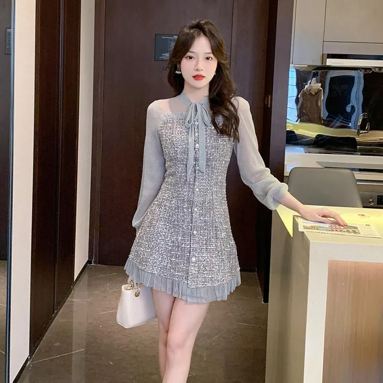 小香风小个子秋季连衣裙粗花呢新款2025包臀年裙子显瘦气质长袖