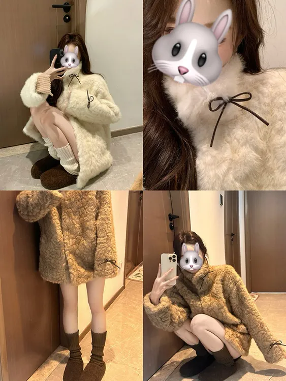 小熊心事冬季新款长袖厚款女立领染尖慵懒感韩系短款毛毛外套