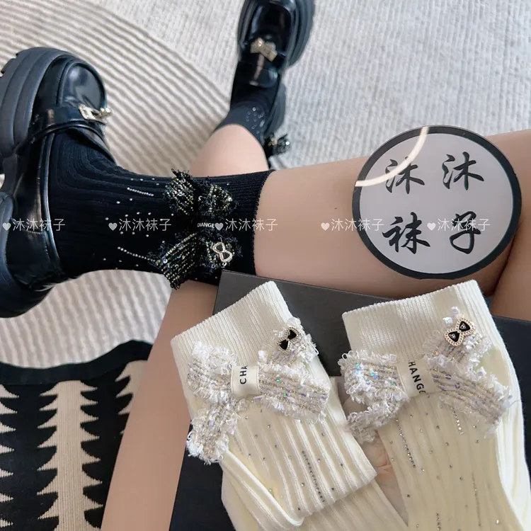 欧货小香风轻奢蝴蝶结袜子女2025新款爆款搭配小皮鞋的外穿中筒袜