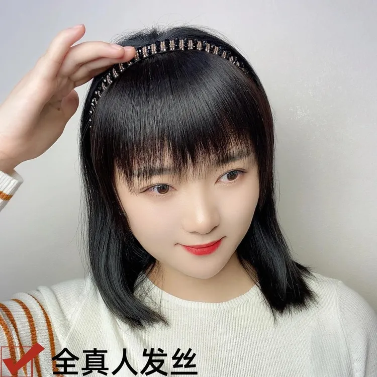 发箍刘海一体中年全真发仿钻发箍女前额鬓角遮白发碎齐刘海假发片