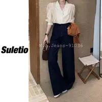 91036#MA牛仔裤秋季新款高腰显瘦直筒长裤女四面弹宽松拖地阔腿裤