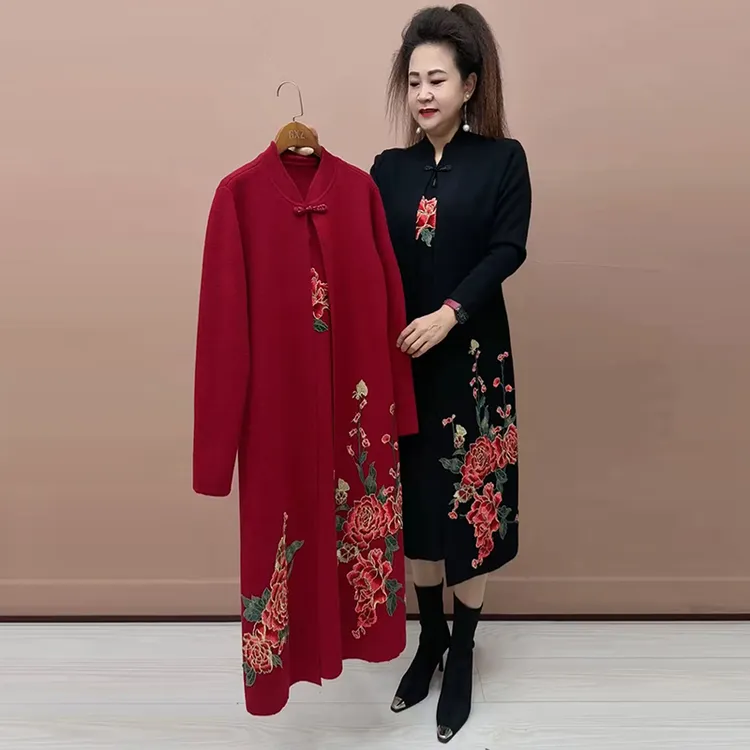 假两件针织裙重工刺绣毛衣裙宽松遮肚显瘦过膝打底裙喜婆婆连衣裙