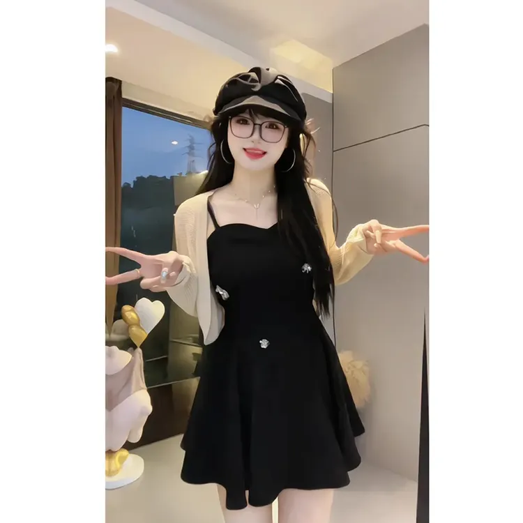 【两件套】微胖mm法式千金风重工钉珠吊带女新款显瘦套装D0968