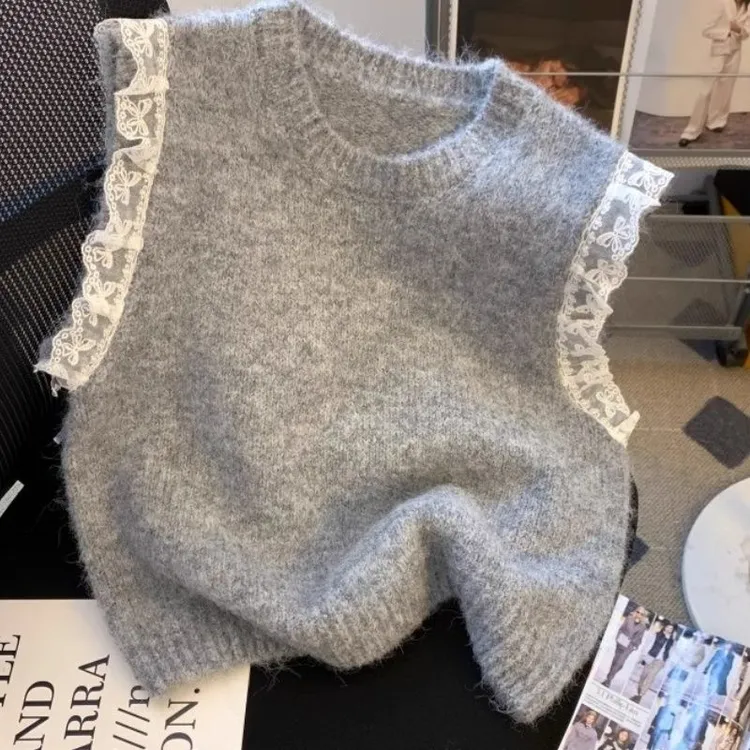 2025春季新款高级感复古蕾丝边拼接显瘦夏季针织小众马甲背心女