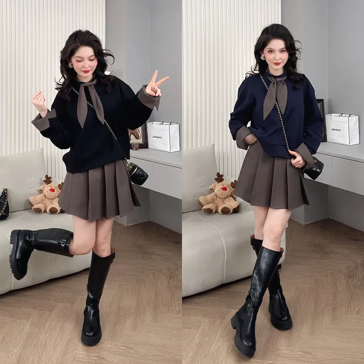 Saeda品牌女装甜酷少女减龄学院风领结卫衣百褶裙套装YF10133