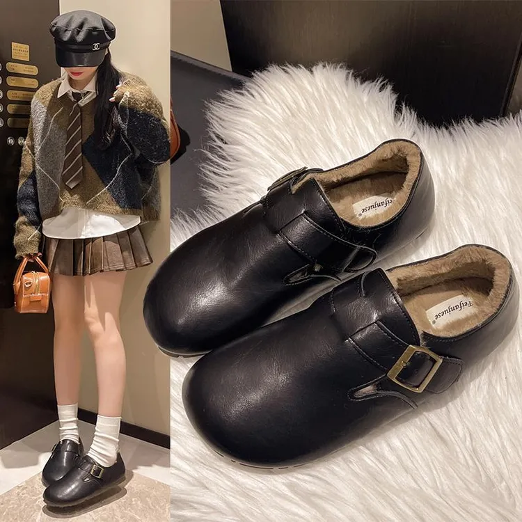 勃肯鞋女皮面棉鞋毛毛鞋2025年冬季新款防滑豆豆鞋加绒保暖乐福鞋